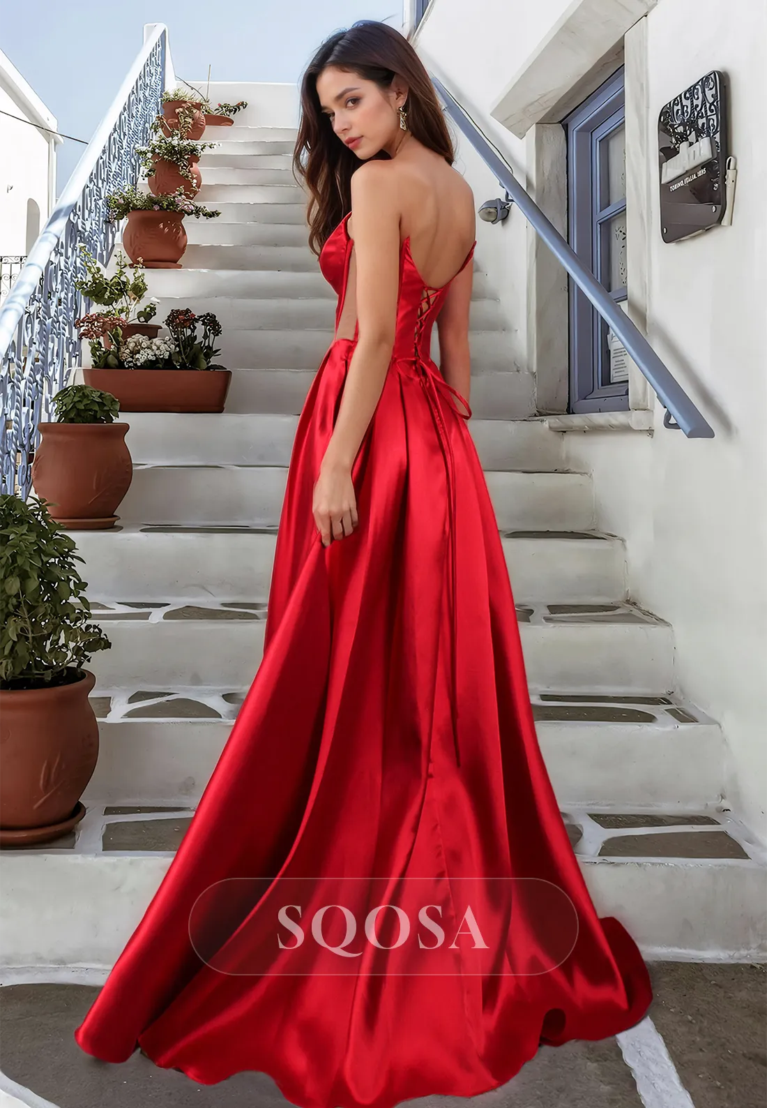 A-Line V-Neck Sleeveless Off-Shoulder Prom Dress Pleated Cutout Satin Formal Party Gowns