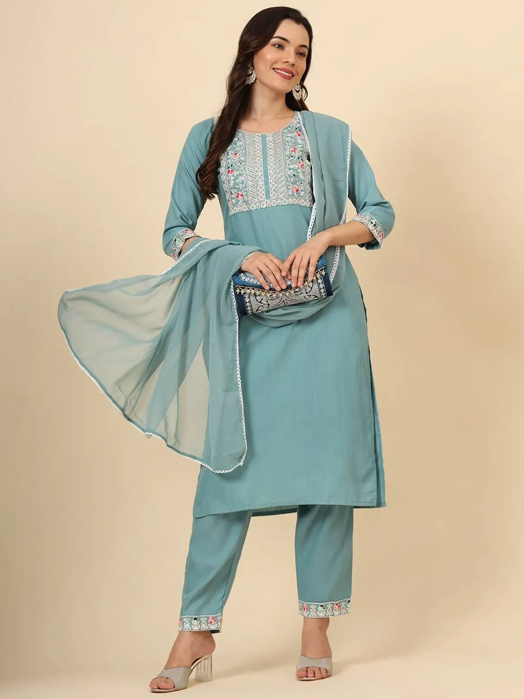 Aqua Blue Trendy Designer Readymade Pant Suit With Embroidery Work