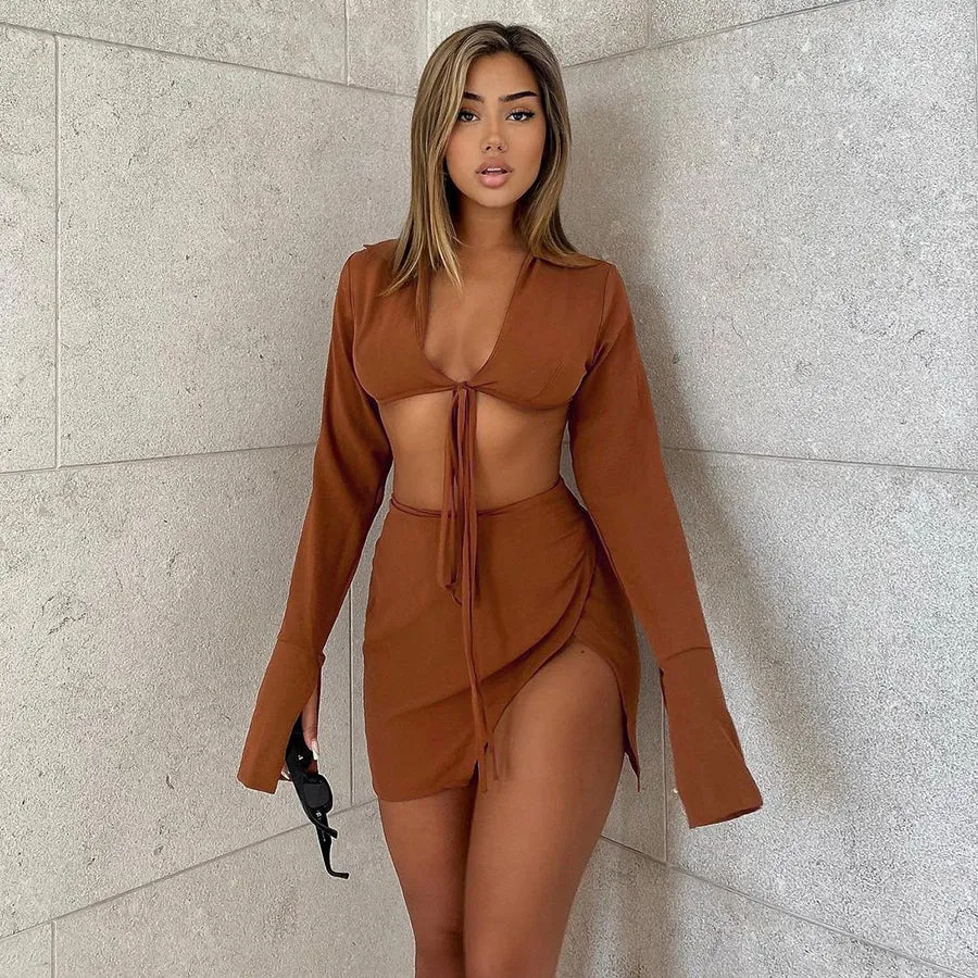 Autumn Casual Two Piece Skirts Sets Long Lantern Sleeve Lace Up Tops Side Slit Mini Skirts Outfits