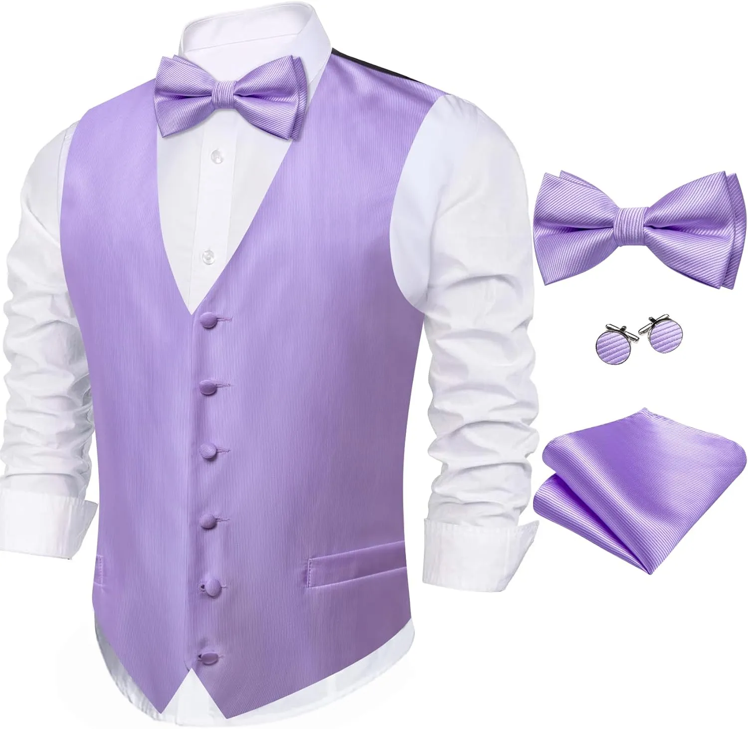 Barry.Wang Men's Waistcoat Bowtie Set Paisley Jacquard Silk V-Neck Vest Handkerchief Cufflinks Formal/Leisure Wedding Party
