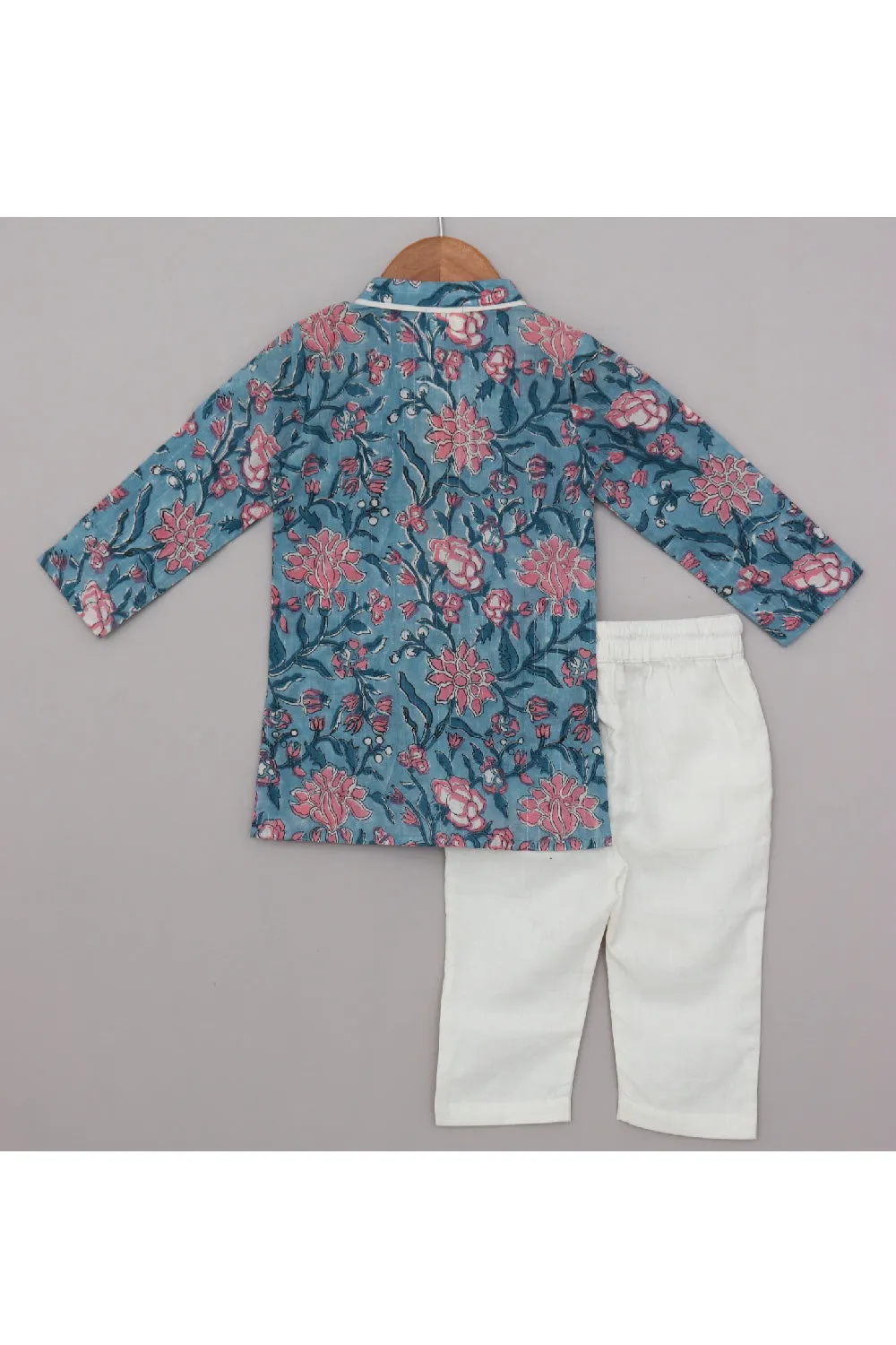Blue And Pink Floral Printed Cotton Kurta With Pyjama Set