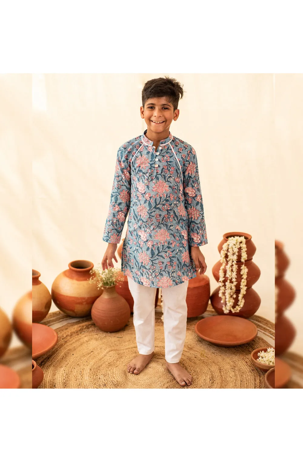Blue And Pink Floral Printed Cotton Kurta With Pyjama Set