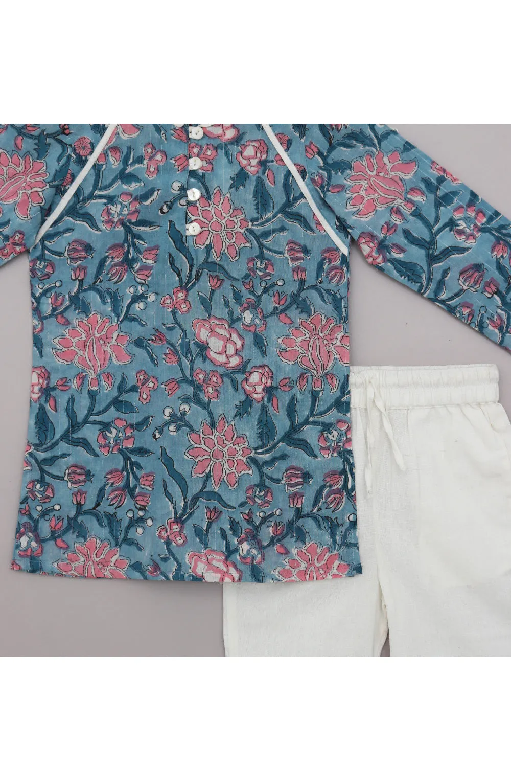 Blue And Pink Floral Printed Cotton Kurta With Pyjama Set