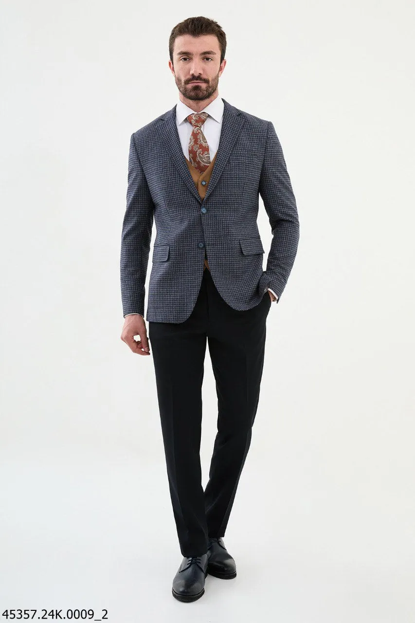 Bojoni Belmonte Navy Blue Plaid Patterned Slim Fit Suit