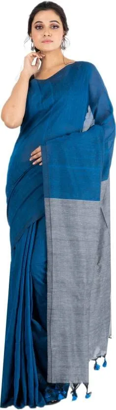 Bong ButiQ Women & Girls Embroidered Solid/Plain Bollywood Handloom Cotton Blend Saree For Office | Party | Casual (Blue)