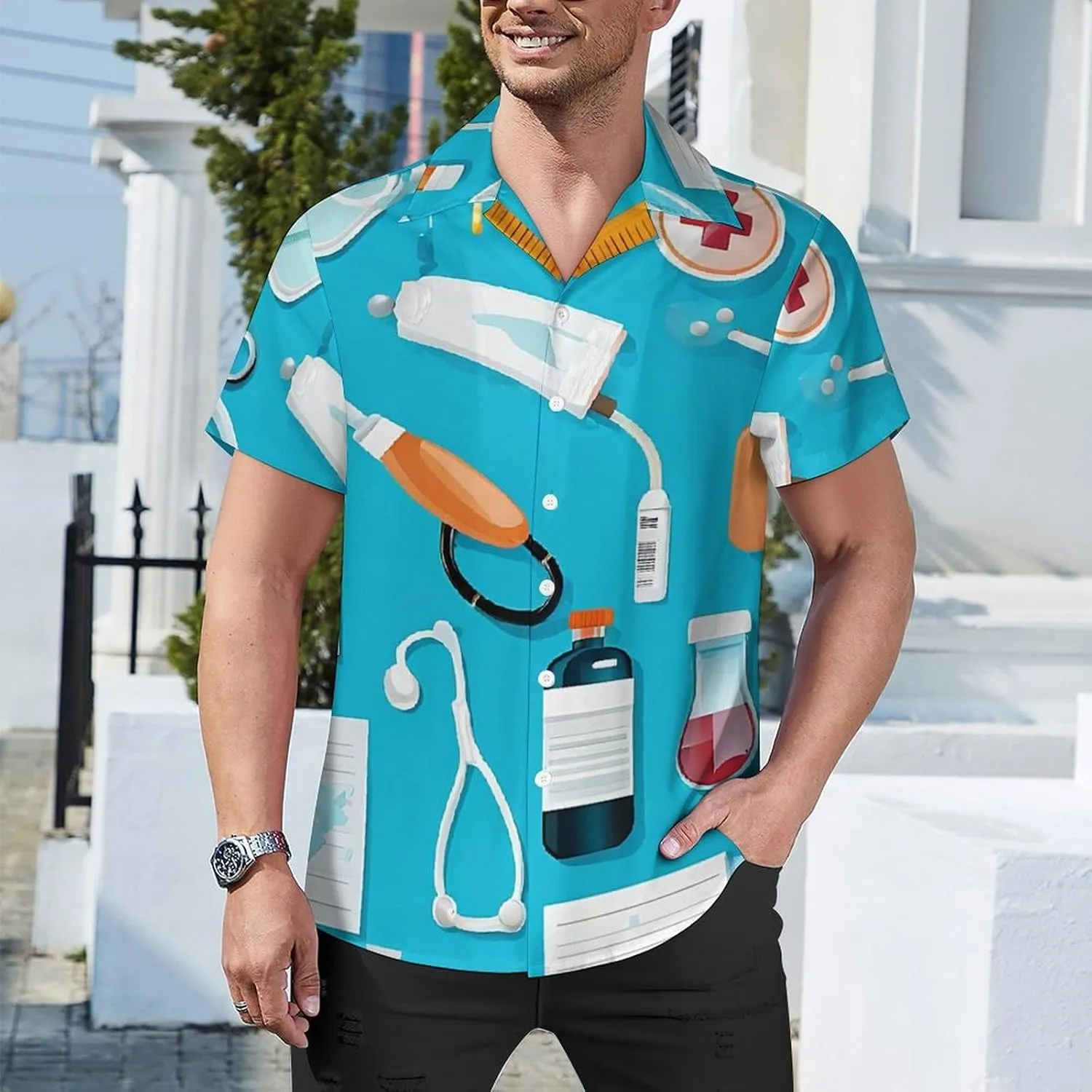 Cartoon Medicine Pattern Print Cuban Collar Shirt Classic Design for Comfort and Style