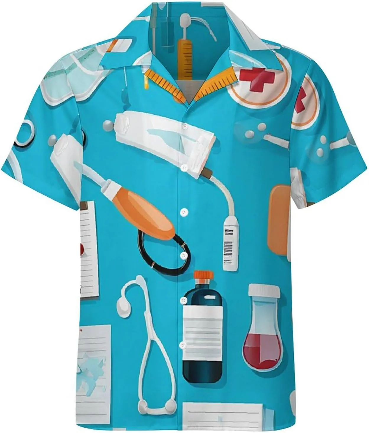 Cartoon Medicine Pattern Print Cuban Collar Shirt Classic Design for Comfort and Style