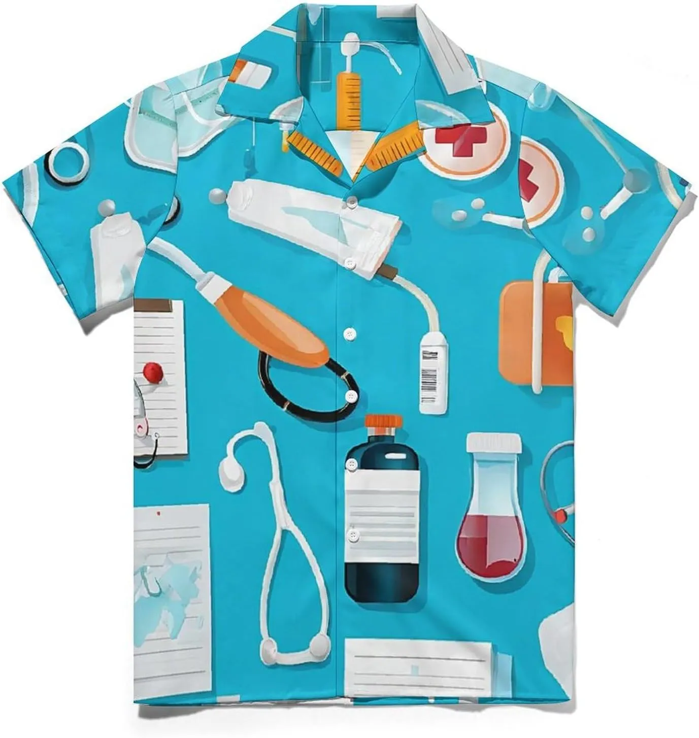Cartoon Medicine Pattern Print Cuban Collar Shirt Classic Design for Comfort and Style
