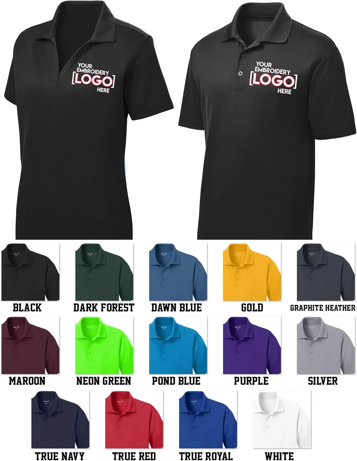 Custom Embroidered Polo Shirts for Women & Men, 5 or 10 Pack - Add Your Logo - Personalized Embroidery Polo Tees