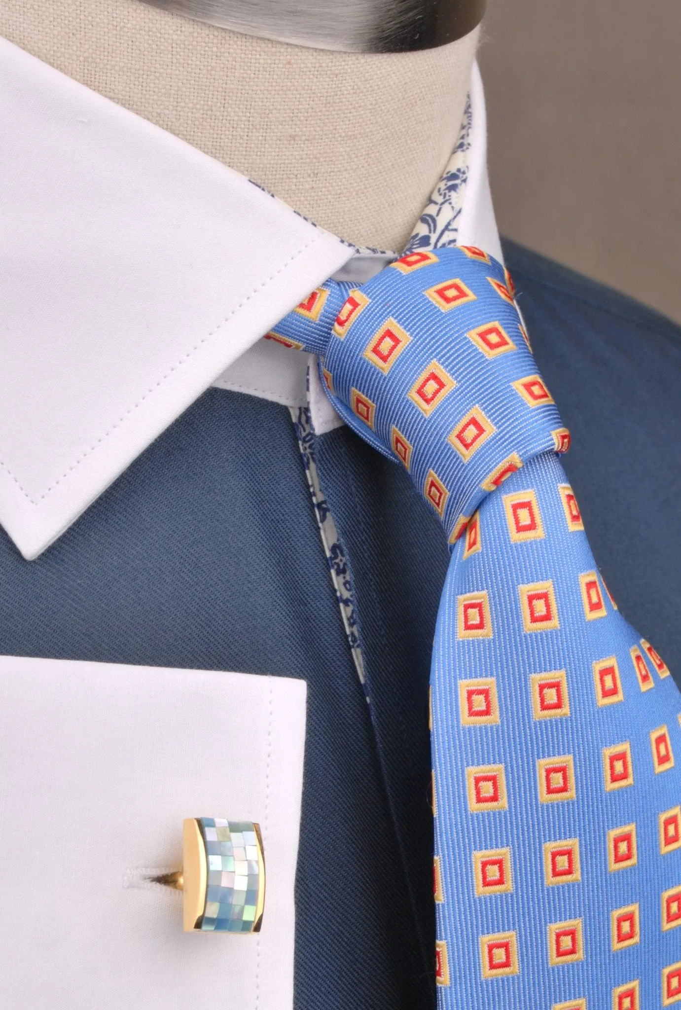 Dark Navy Twill White Contrast Cuff Formal Business Dress Shirt with Floral Inner-Lining