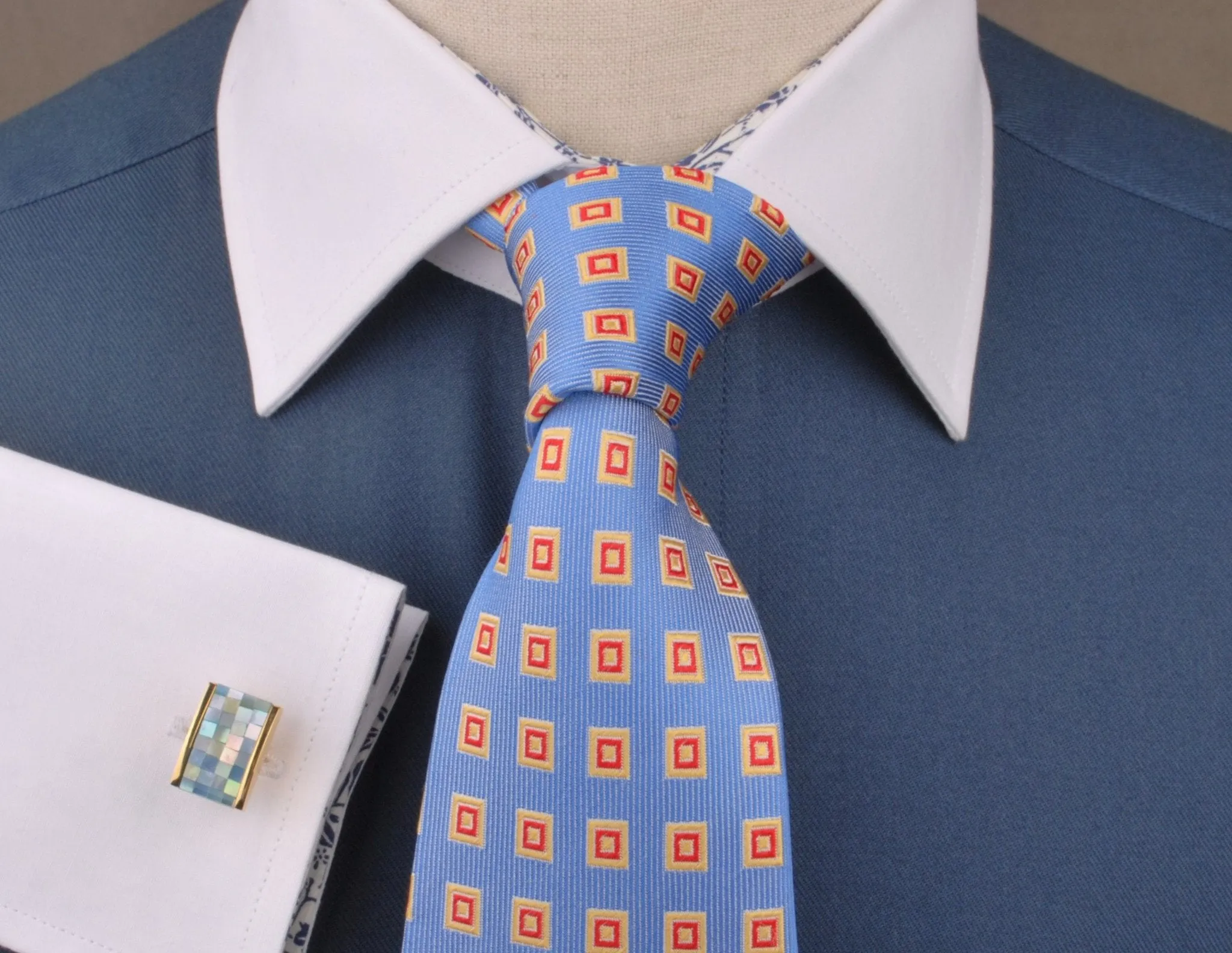Dark Navy Twill White Contrast Cuff Formal Business Dress Shirt with Floral Inner-Lining