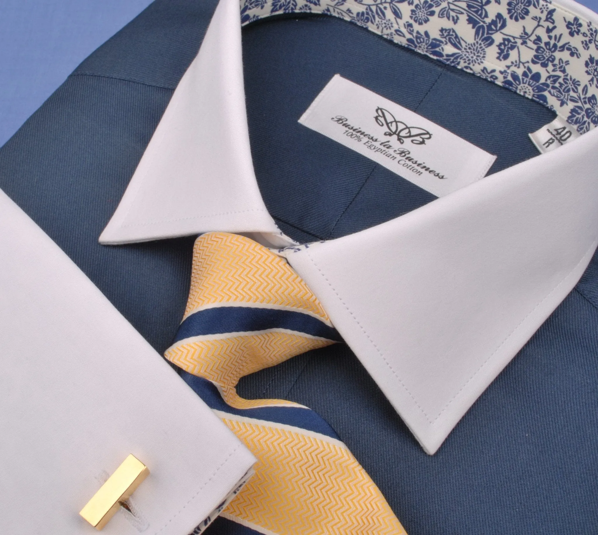 Dark Navy Twill White Contrast Cuff Formal Business Dress Shirt with Floral Inner-Lining