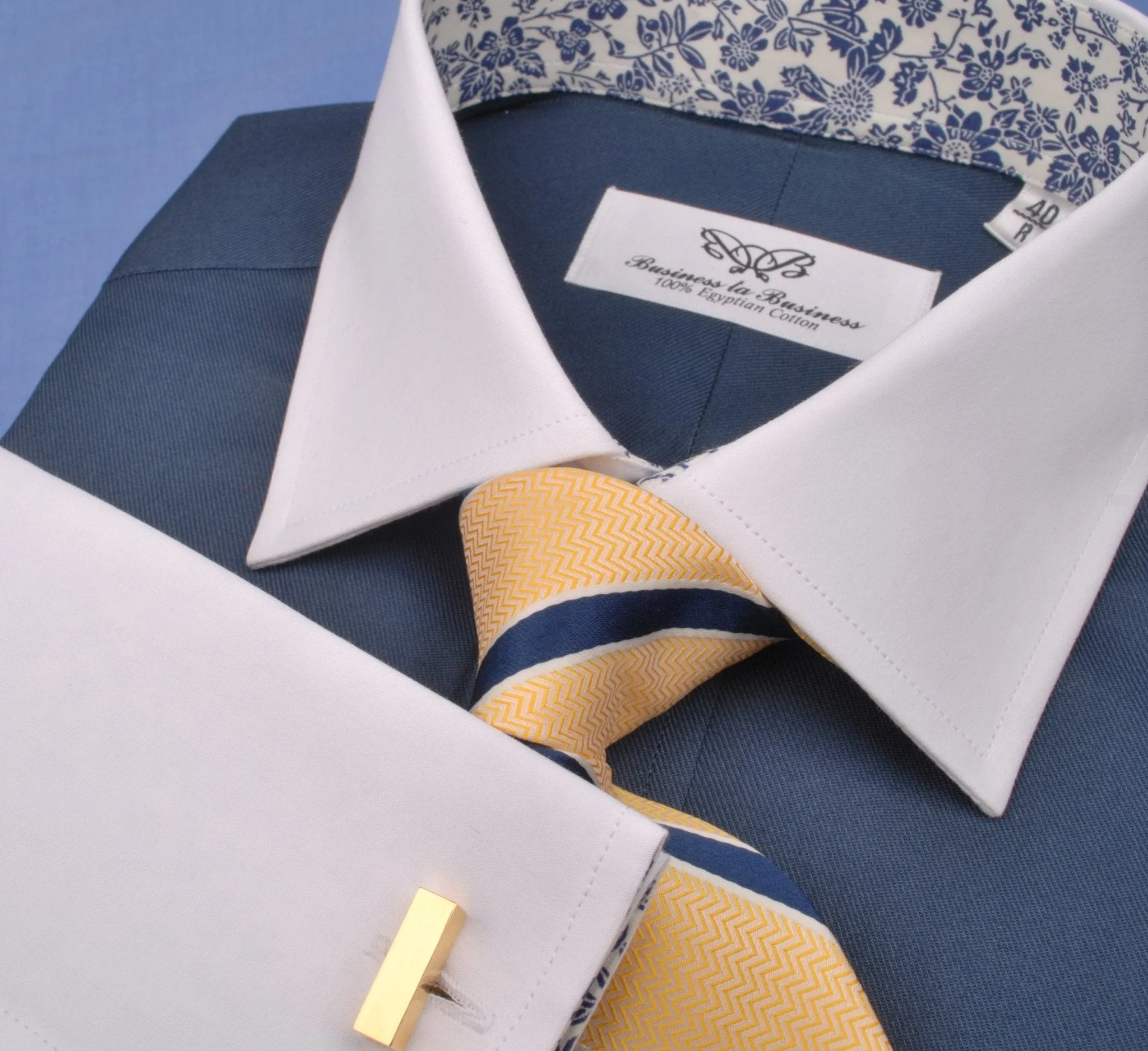 Dark Navy Twill White Contrast Cuff Formal Business Dress Shirt with Floral Inner-Lining