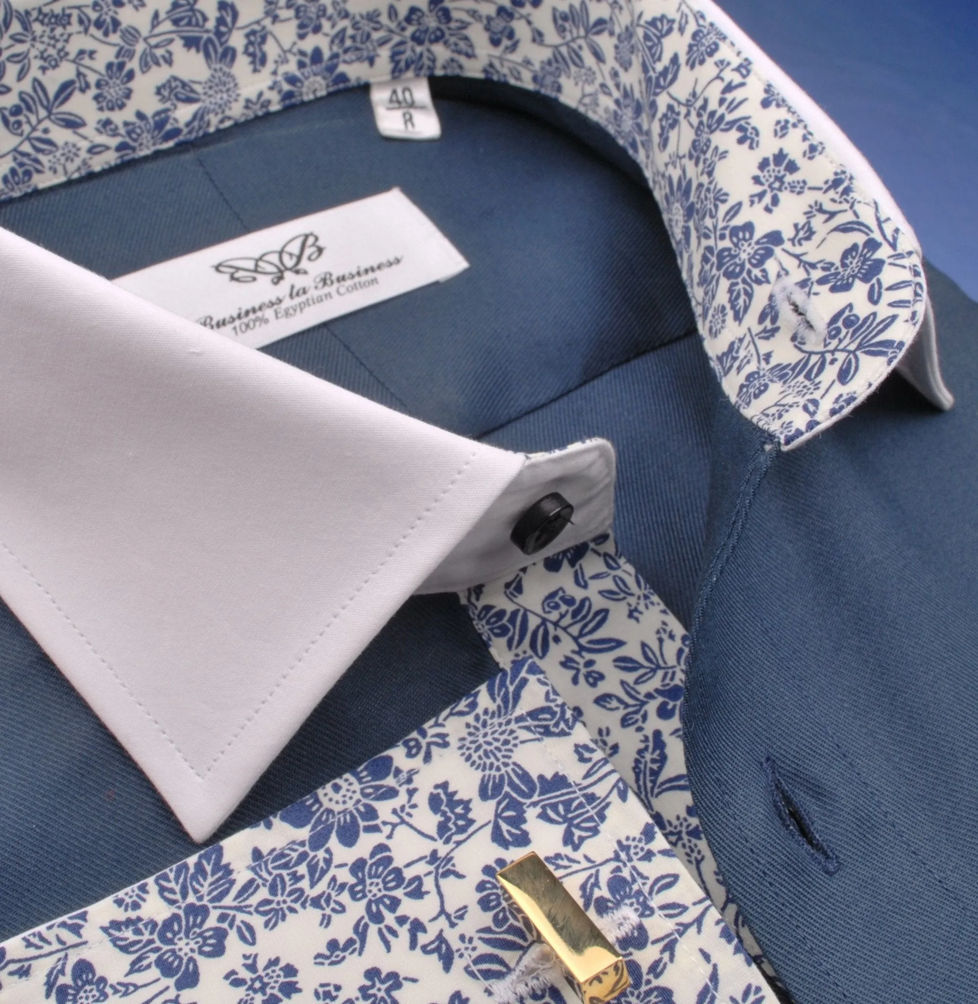 Dark Navy Twill White Contrast Cuff Formal Business Dress Shirt with Floral Inner-Lining