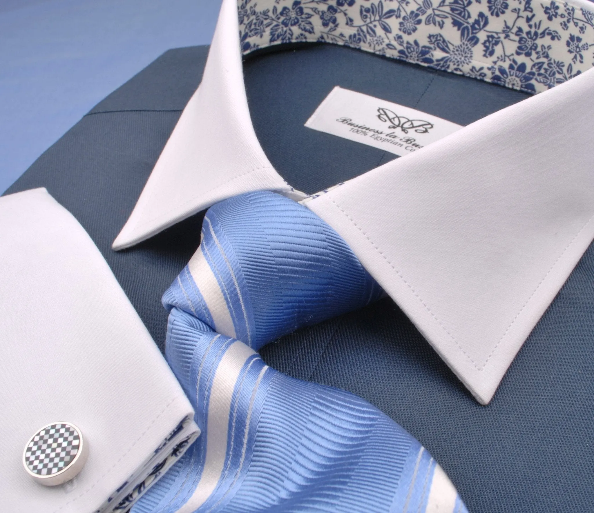 Dark Navy Twill White Contrast Cuff Formal Business Dress Shirt with Floral Inner-Lining