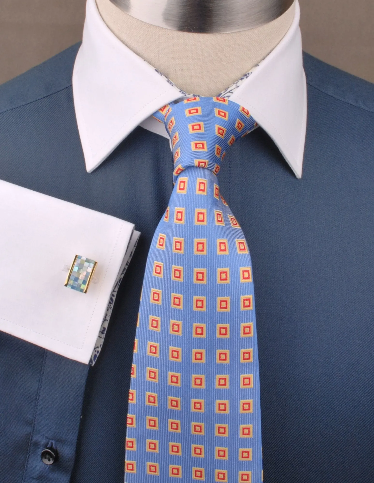 Dark Navy Twill White Contrast Cuff Formal Business Dress Shirt with Floral Inner-Lining