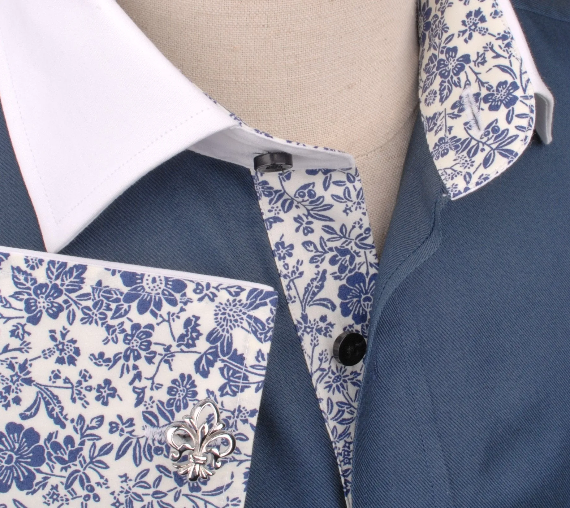 Dark Navy Twill White Contrast Cuff Formal Business Dress Shirt with Floral Inner-Lining
