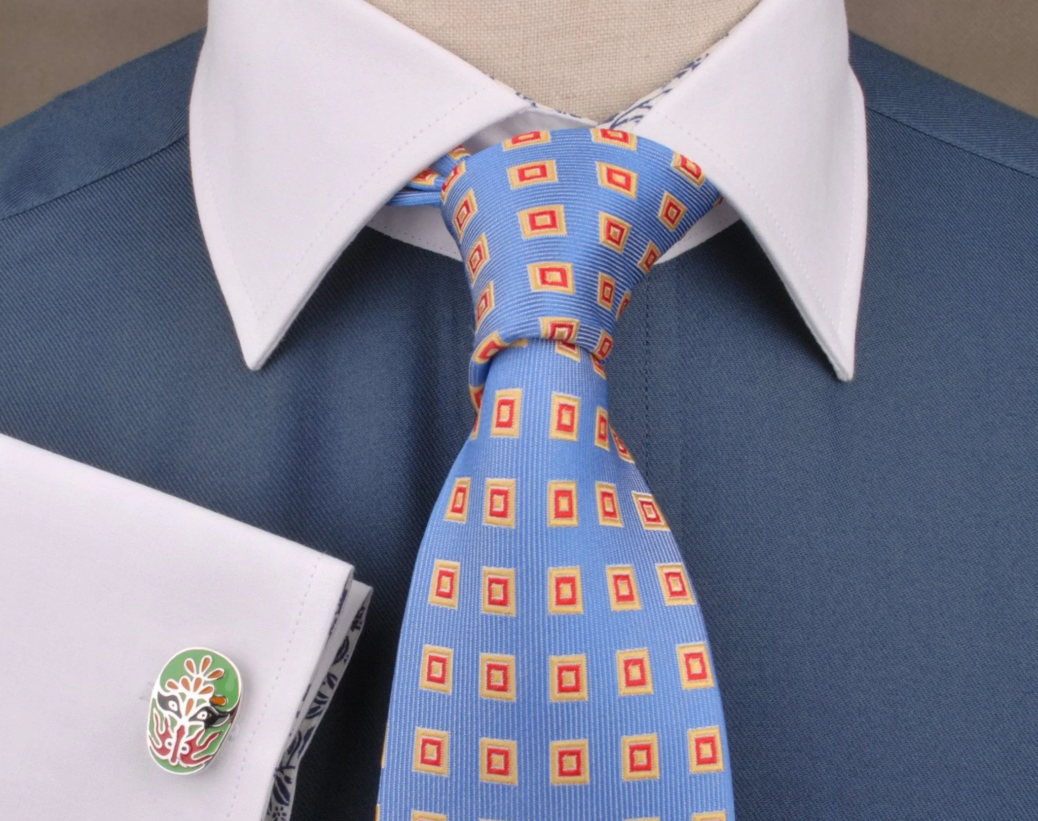 Dark Navy Twill White Contrast Cuff Formal Business Dress Shirt with Floral Inner-Lining