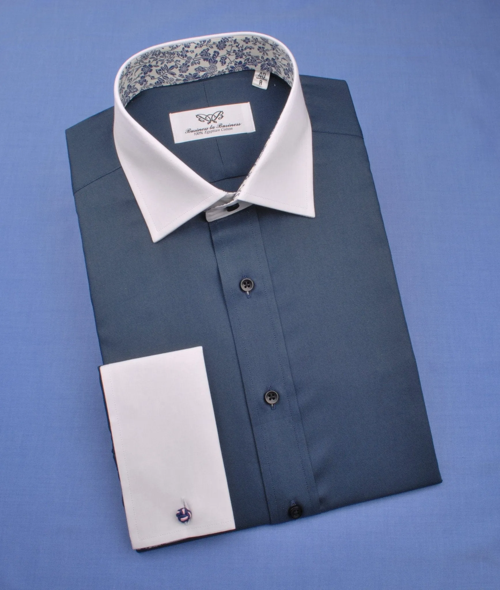 Dark Navy Twill White Contrast Cuff Formal Business Dress Shirt with Floral Inner-Lining