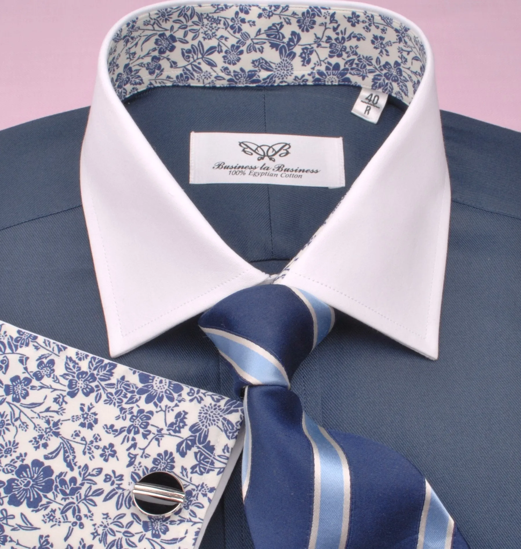 Dark Navy Twill White Contrast Cuff Formal Business Dress Shirt with Floral Inner-Lining
