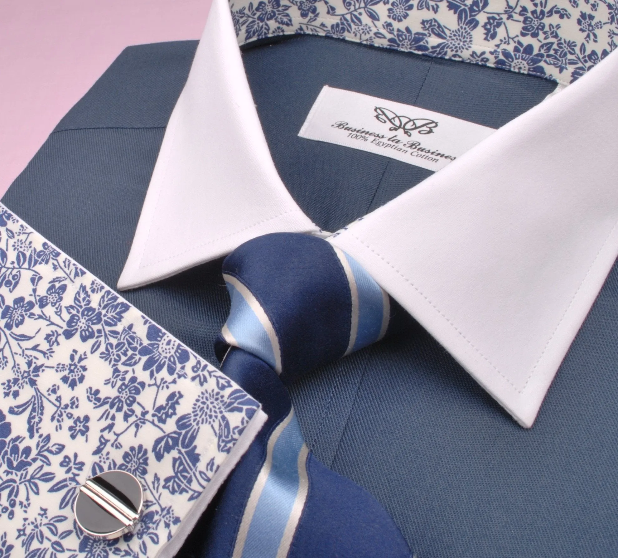 Dark Navy Twill White Contrast Cuff Formal Business Dress Shirt with Floral Inner-Lining