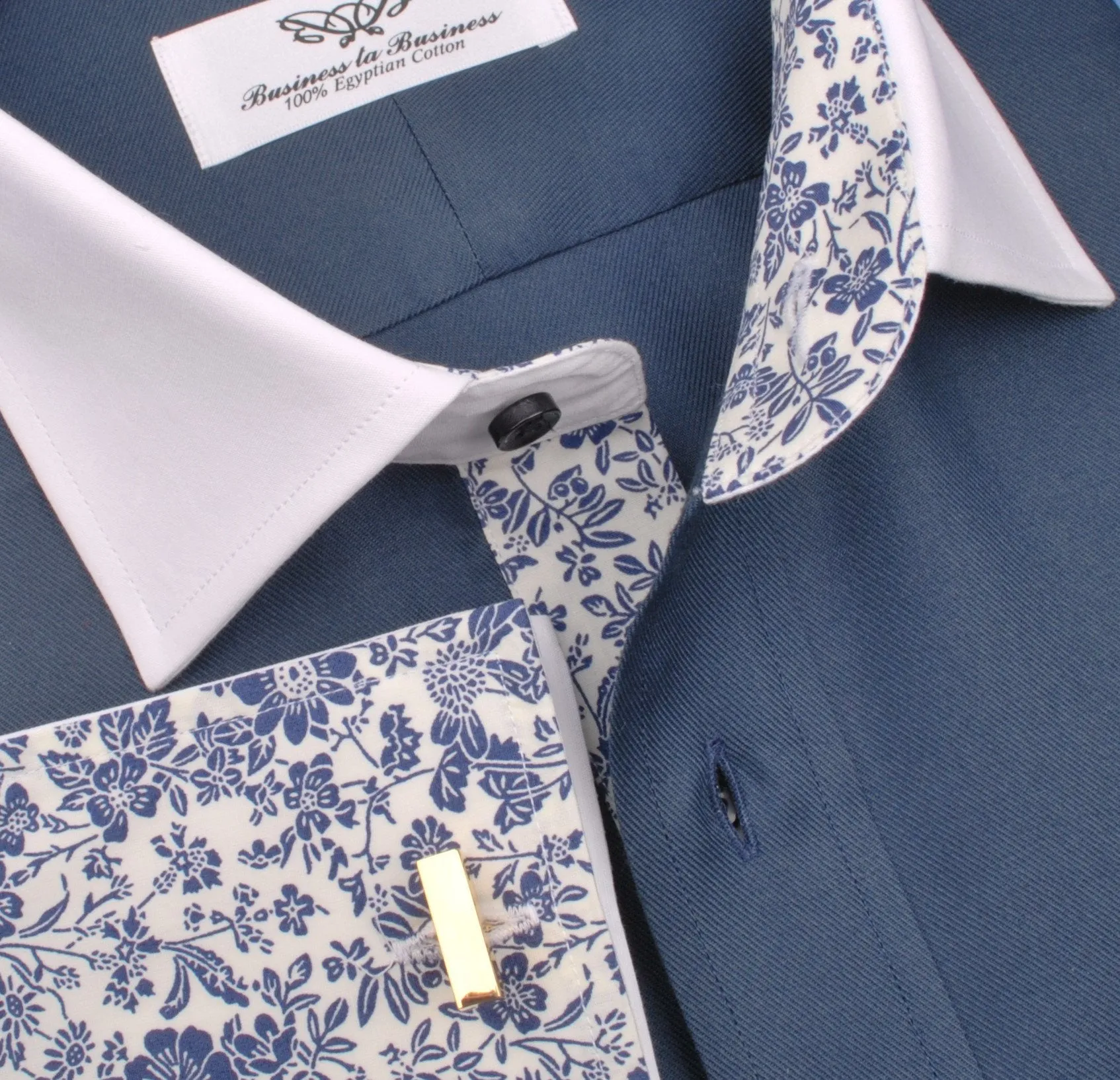 Dark Navy Twill White Contrast Cuff Formal Business Dress Shirt with Floral Inner-Lining