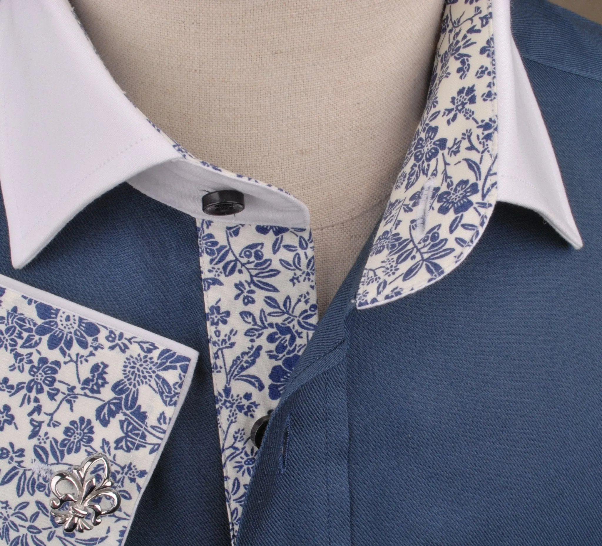 Dark Navy Twill White Contrast Cuff Formal Business Dress Shirt with Floral Inner-Lining