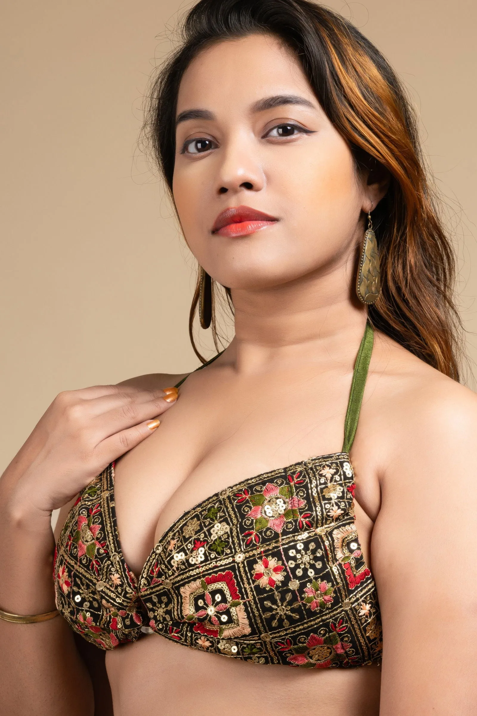 Embroidered Black Backless Halter Neck Non Padded Bikini Blouse For Women