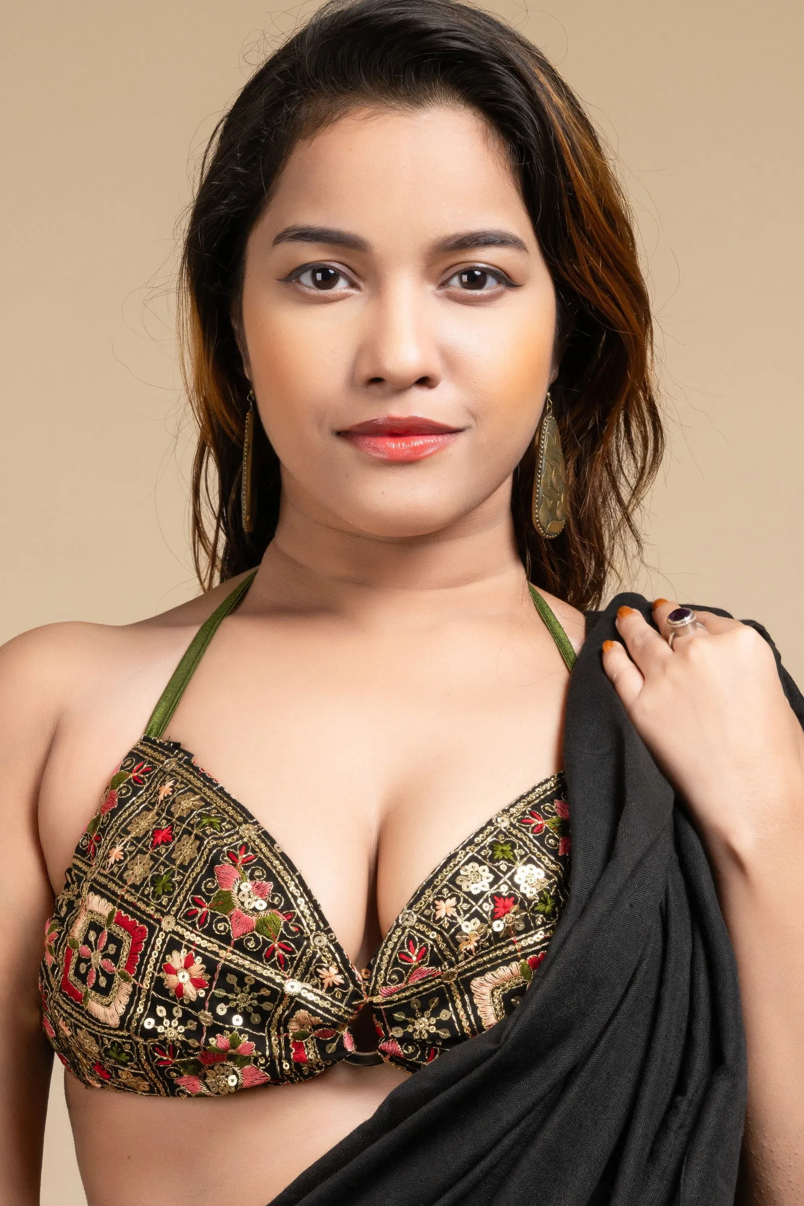 Embroidered Black Backless Halter Neck Non Padded Bikini Blouse For Women