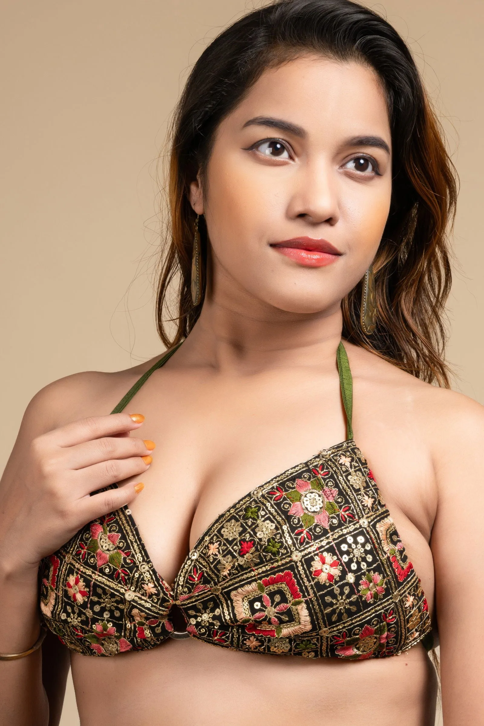 Embroidered Black Backless Halter Neck Non Padded Bikini Blouse For Women