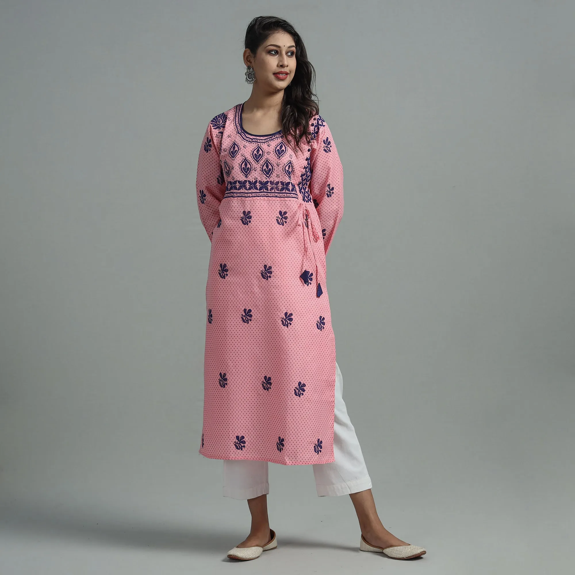 Flamingo Pink Chikankari Hand Embroidered Cotton Long Kurta