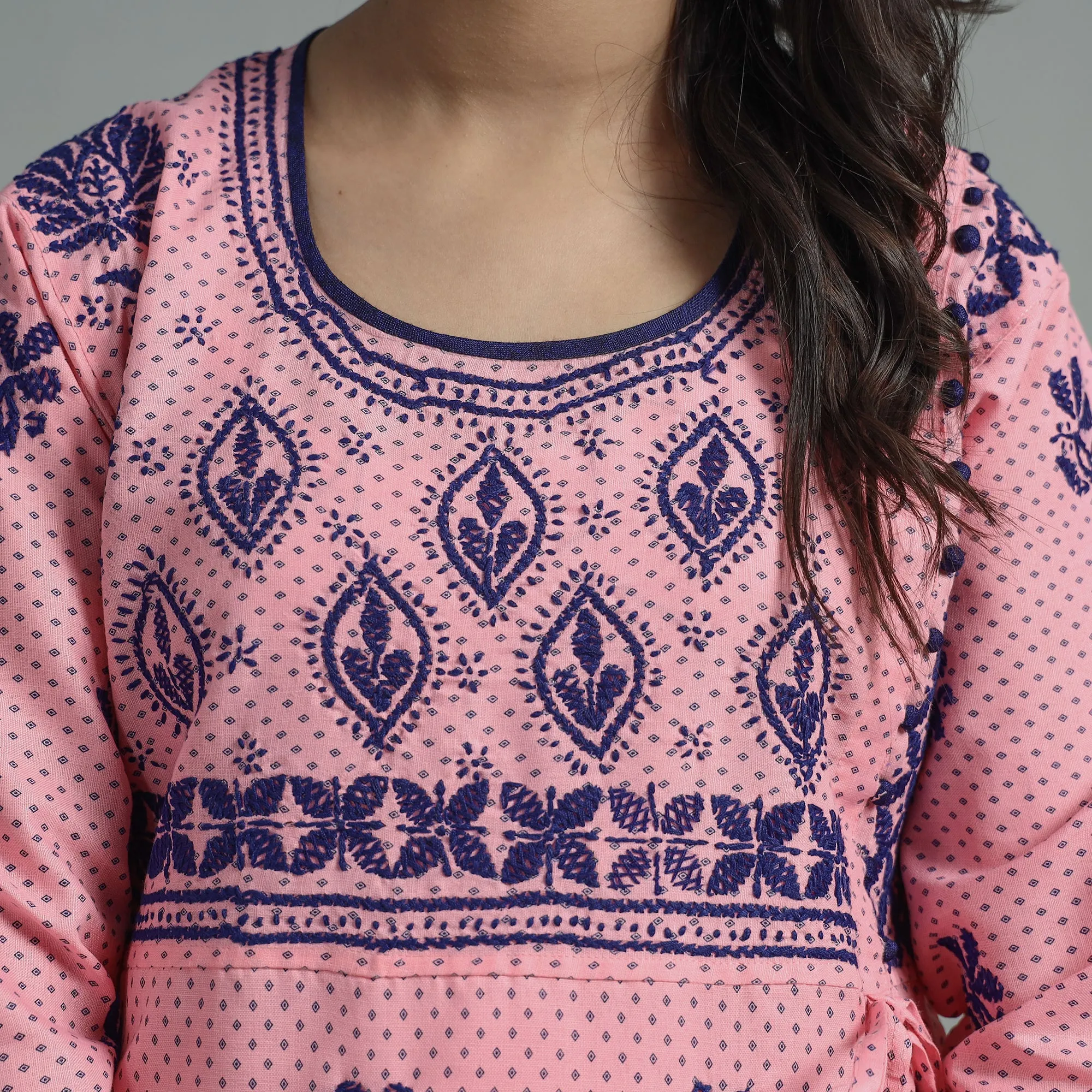 Flamingo Pink Chikankari Hand Embroidered Cotton Long Kurta