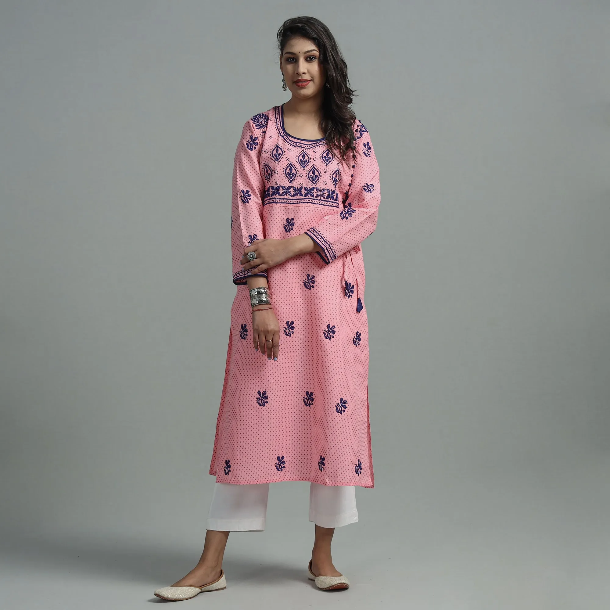 Flamingo Pink Chikankari Hand Embroidered Cotton Long Kurta