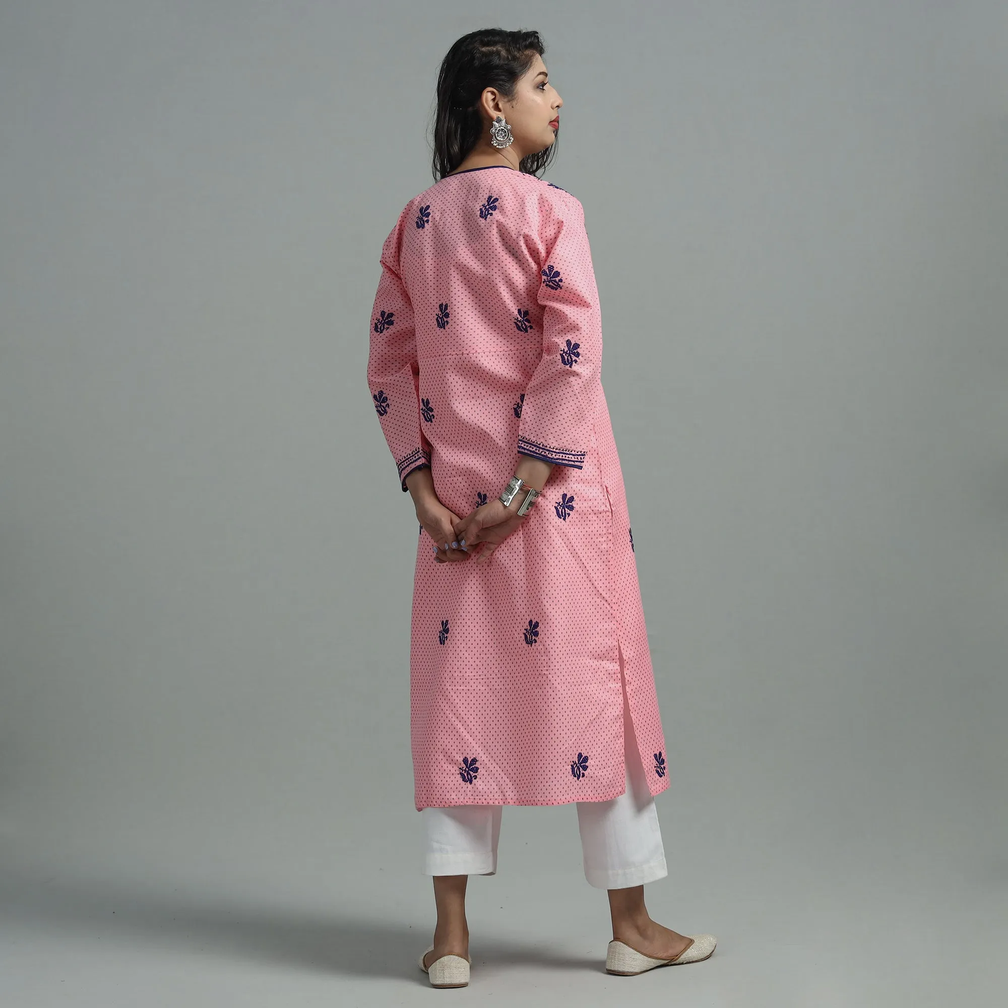 Flamingo Pink Chikankari Hand Embroidered Cotton Long Kurta