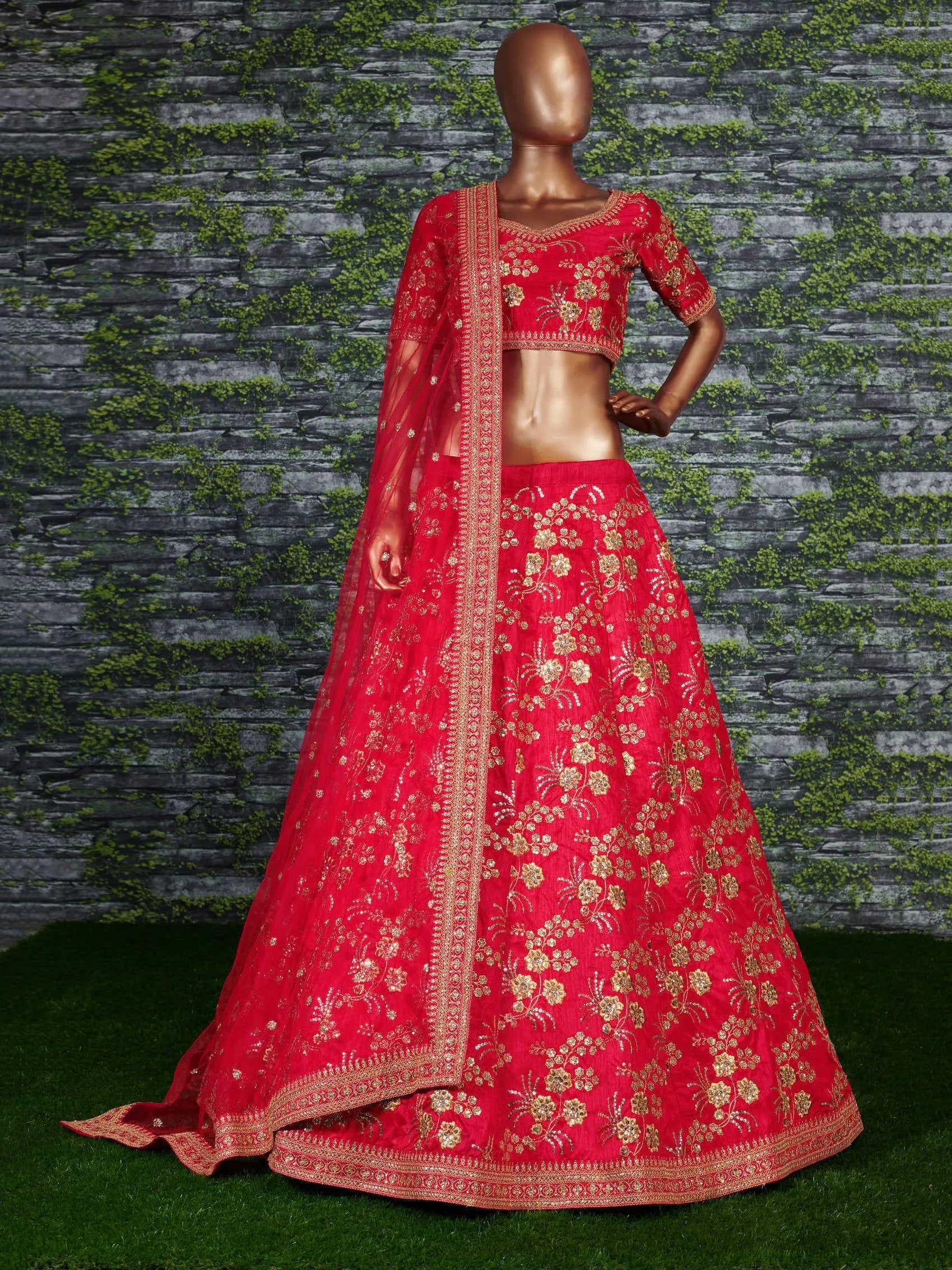 Hypnotic Red Colored Wedding Wear Embroidered Satin Lehenga Choli