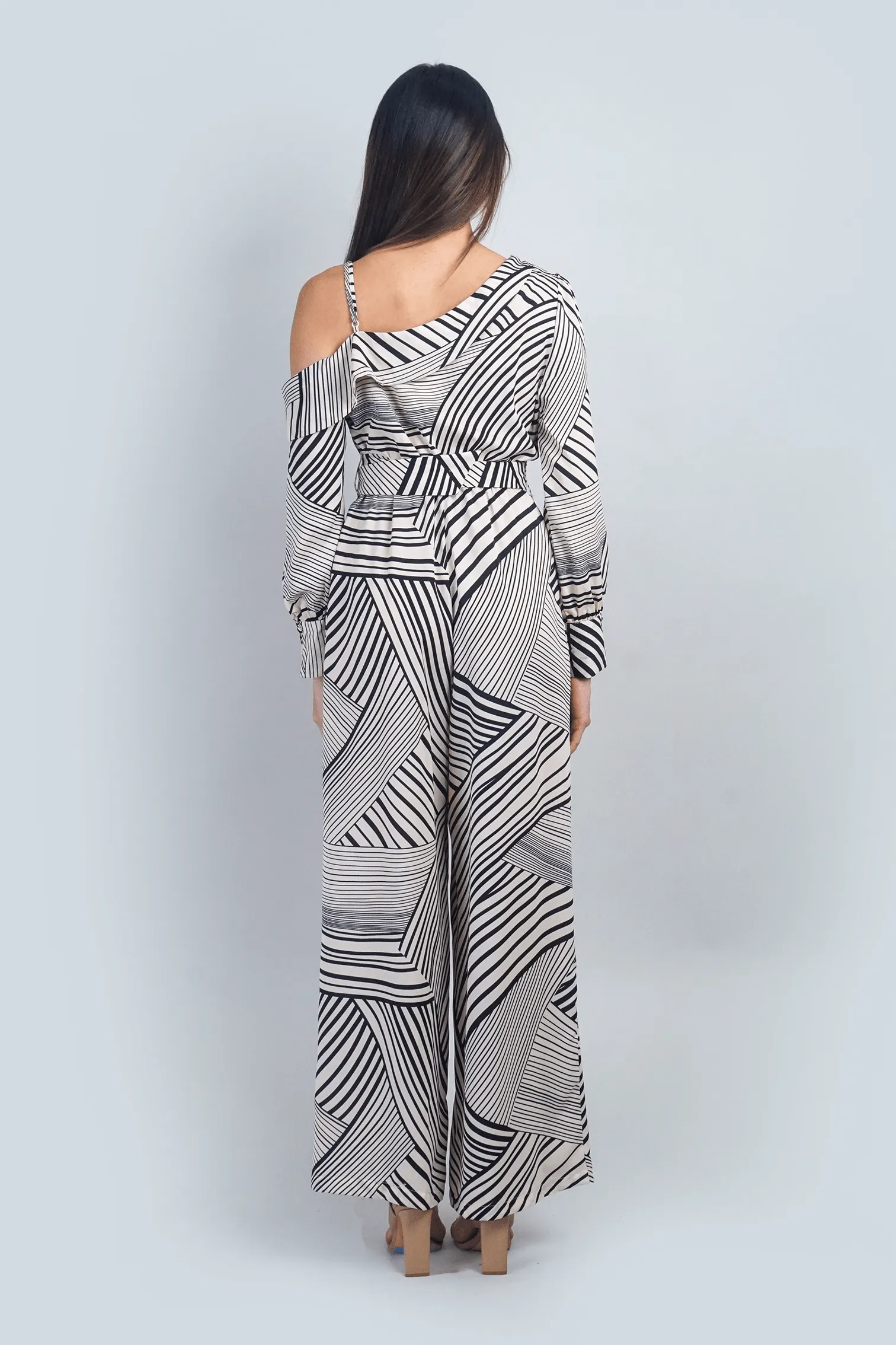 Ivory and Black Abstract Print Asymmetrical Shoulder Jumpsuit