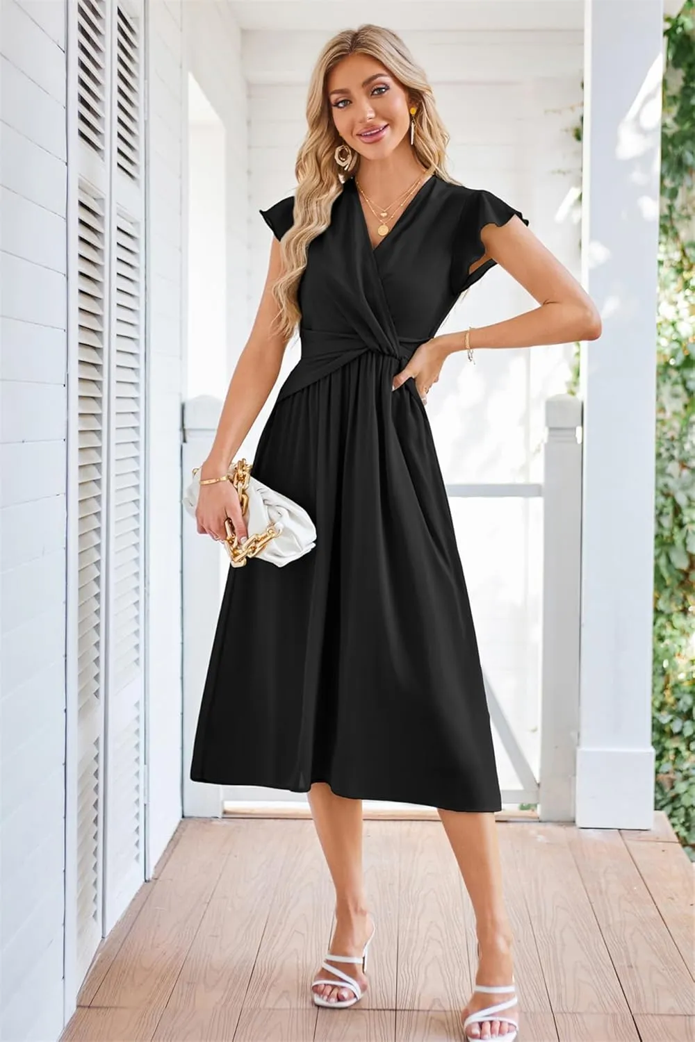 JASAMBAC Womens Dresses Casual Ruffle Short Sleeves Chiffon Empire Waist Elastic V-Neck Wedding Guest A-Line Maxi Dress