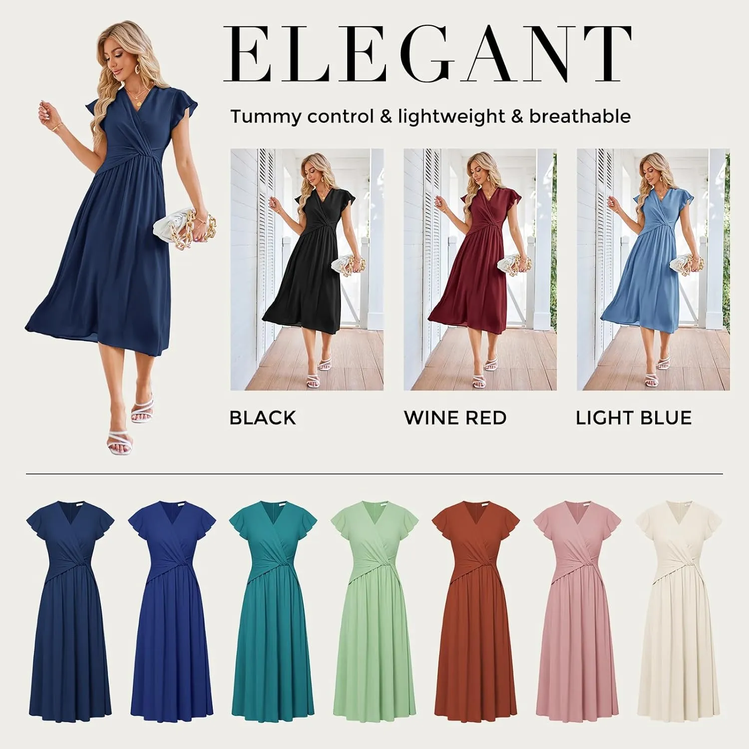 JASAMBAC Womens Dresses Casual Ruffle Short Sleeves Chiffon Empire Waist Elastic V-Neck Wedding Guest A-Line Maxi Dress