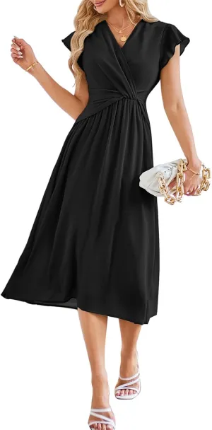 JASAMBAC Womens Dresses Casual Ruffle Short Sleeves Chiffon Empire Waist Elastic V-Neck Wedding Guest A-Line Maxi Dress