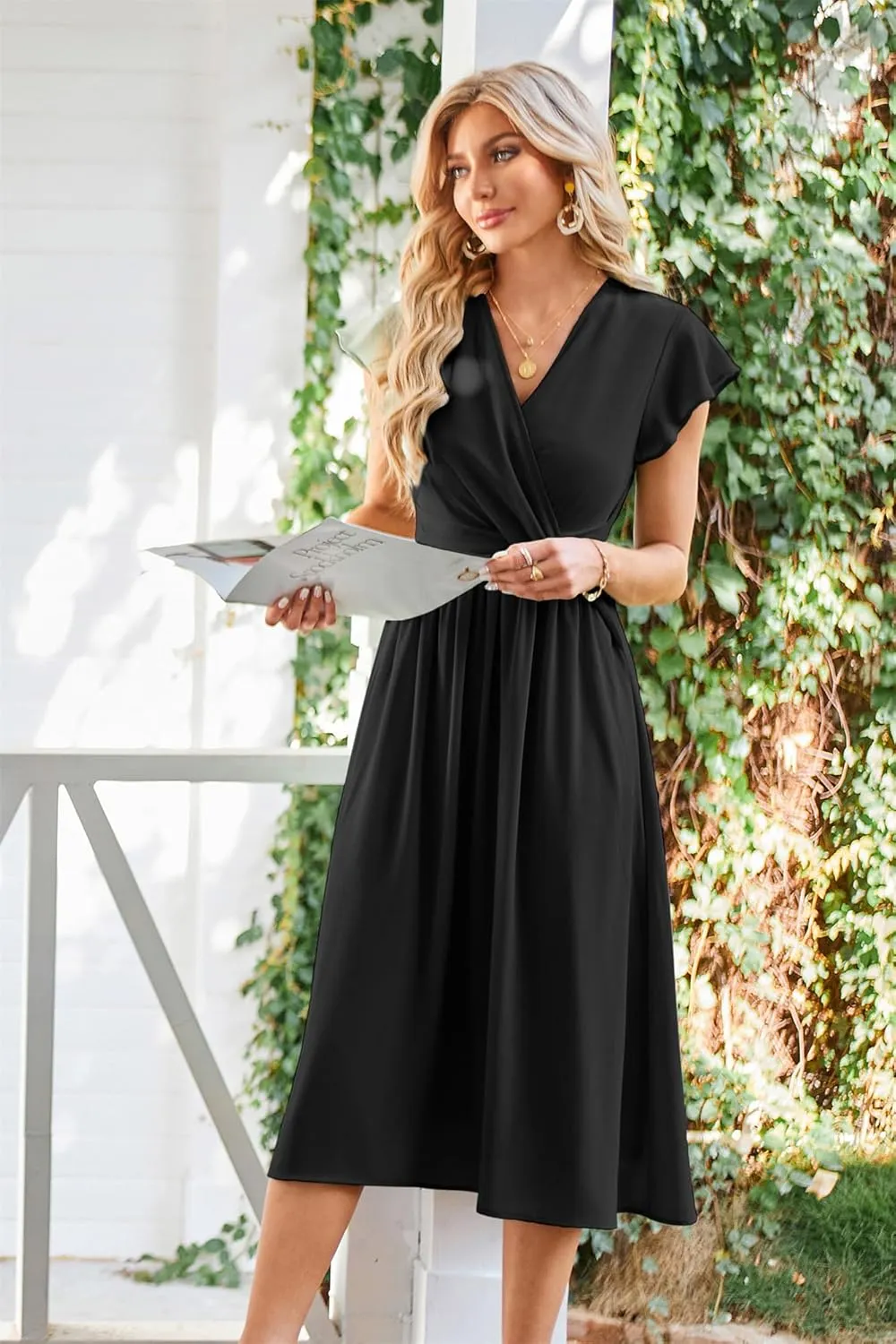 JASAMBAC Womens Dresses Casual Ruffle Short Sleeves Chiffon Empire Waist Elastic V-Neck Wedding Guest A-Line Maxi Dress