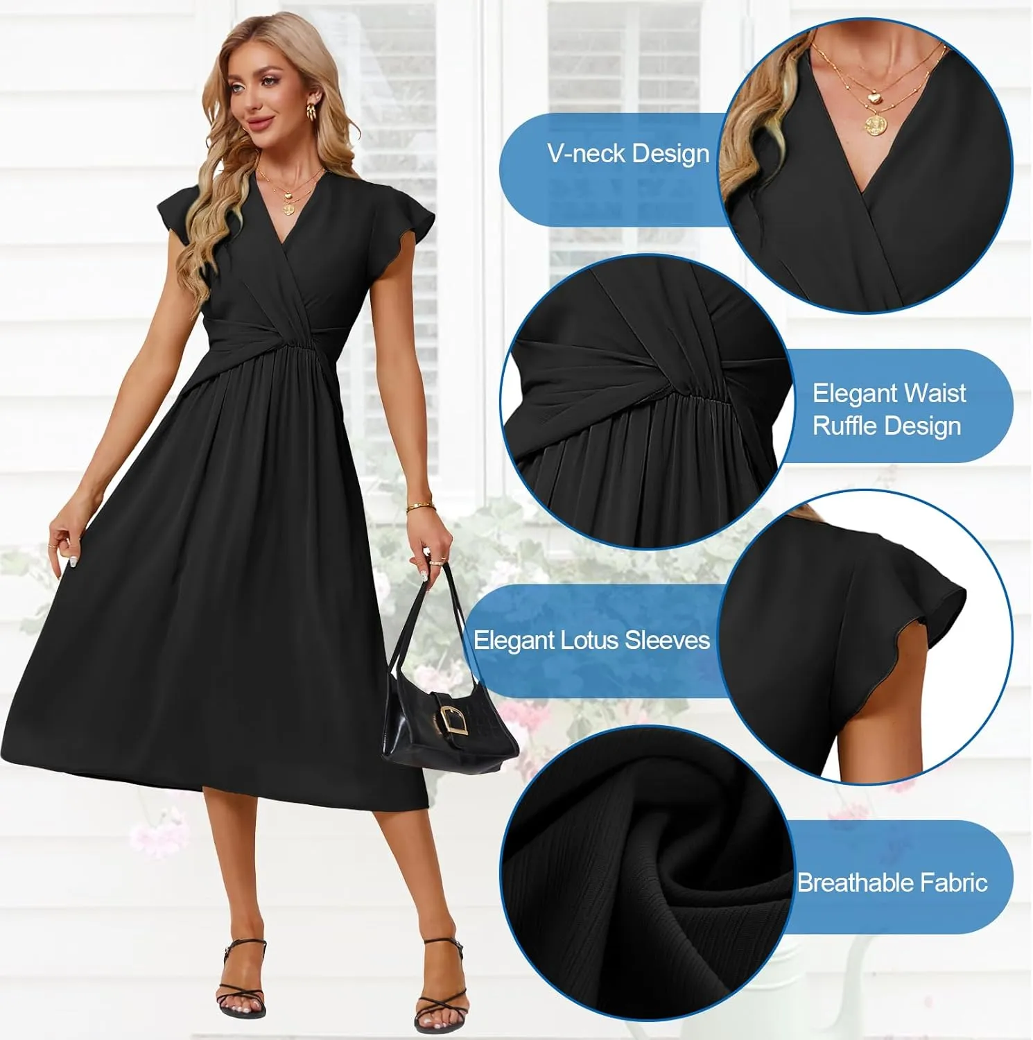 JASAMBAC Womens Dresses Casual Ruffle Short Sleeves Chiffon Empire Waist Elastic V-Neck Wedding Guest A-Line Maxi Dress