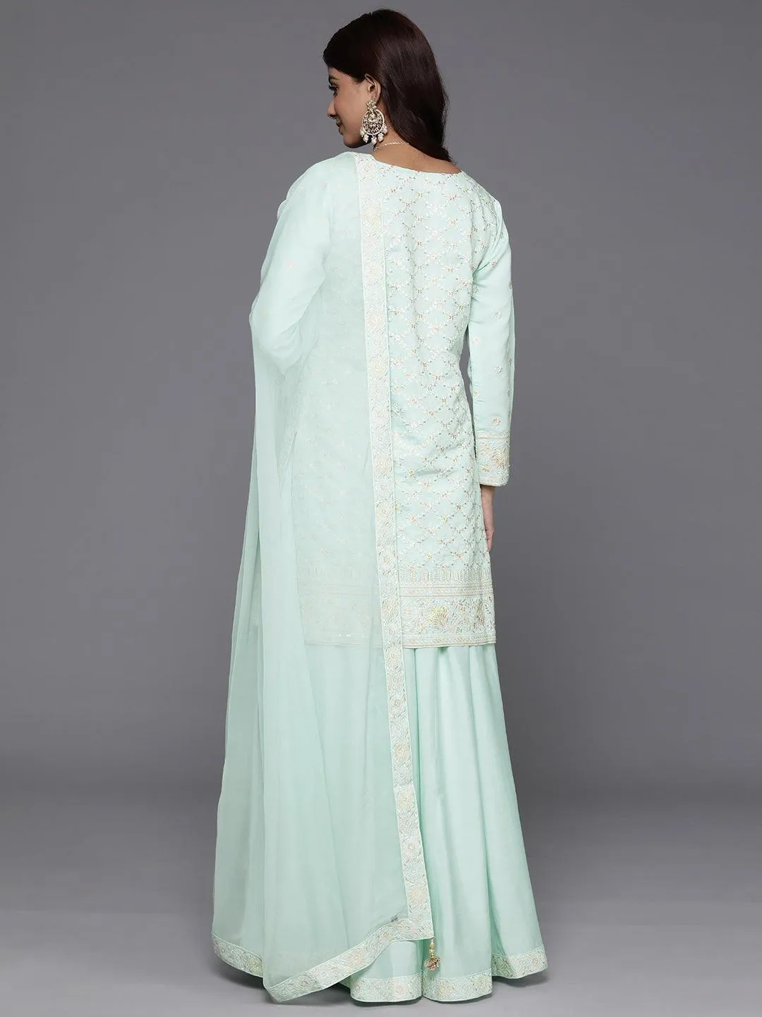 Jashvi Art Green Embroidered Silk Blend Straight Suit With Dupatta