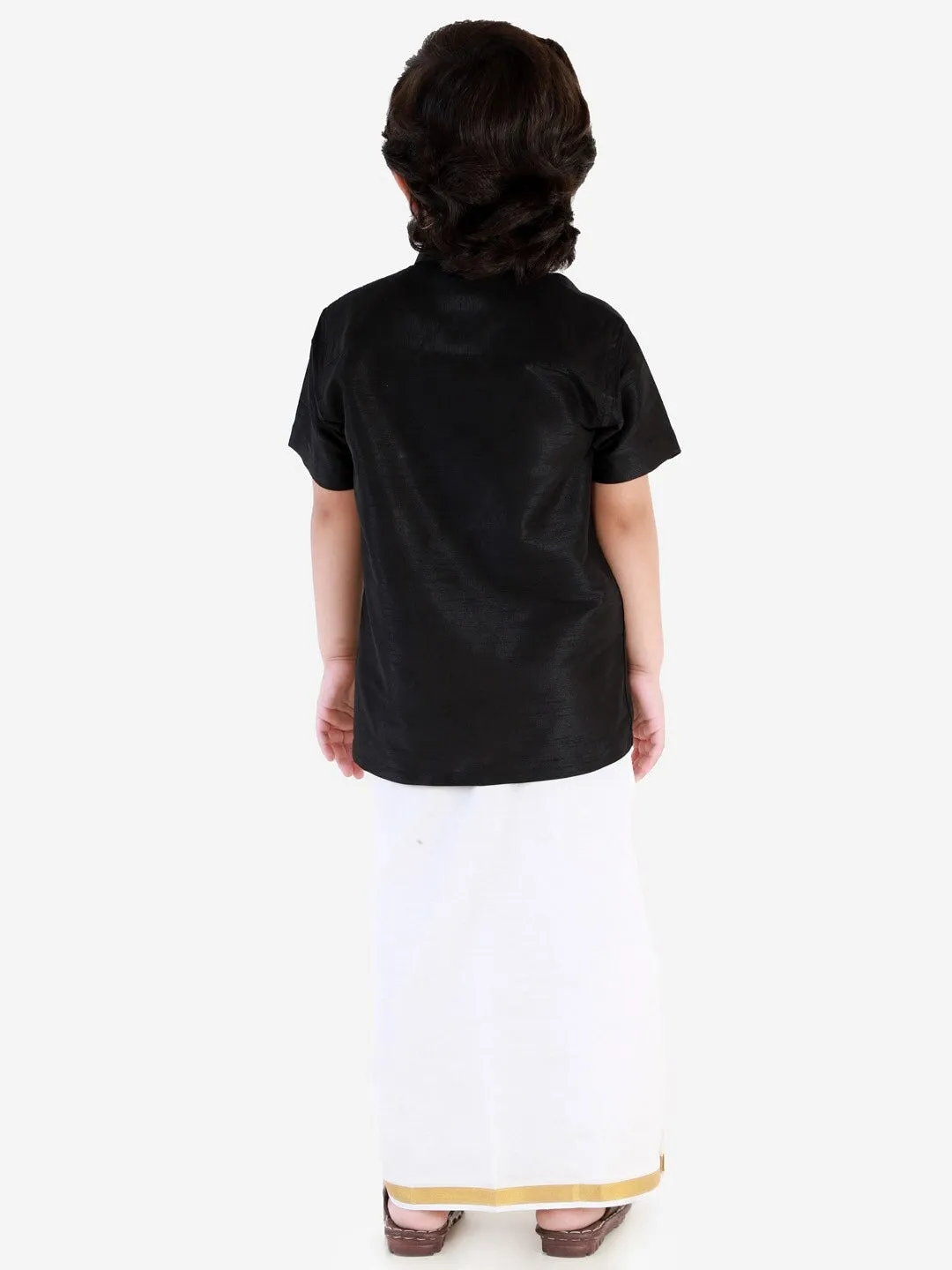 Jashvi Boy's Black & White Solid Shirt With Dhoti