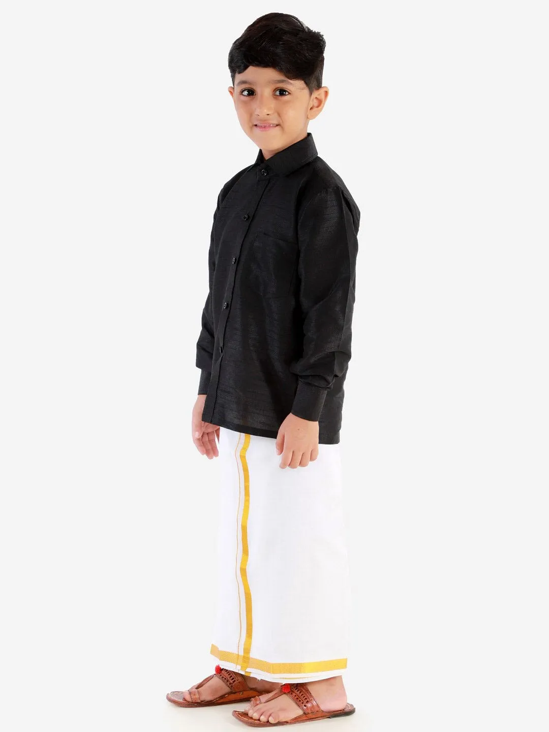 Jashvi Boy's Black & White Solid Shirt With Dhoti