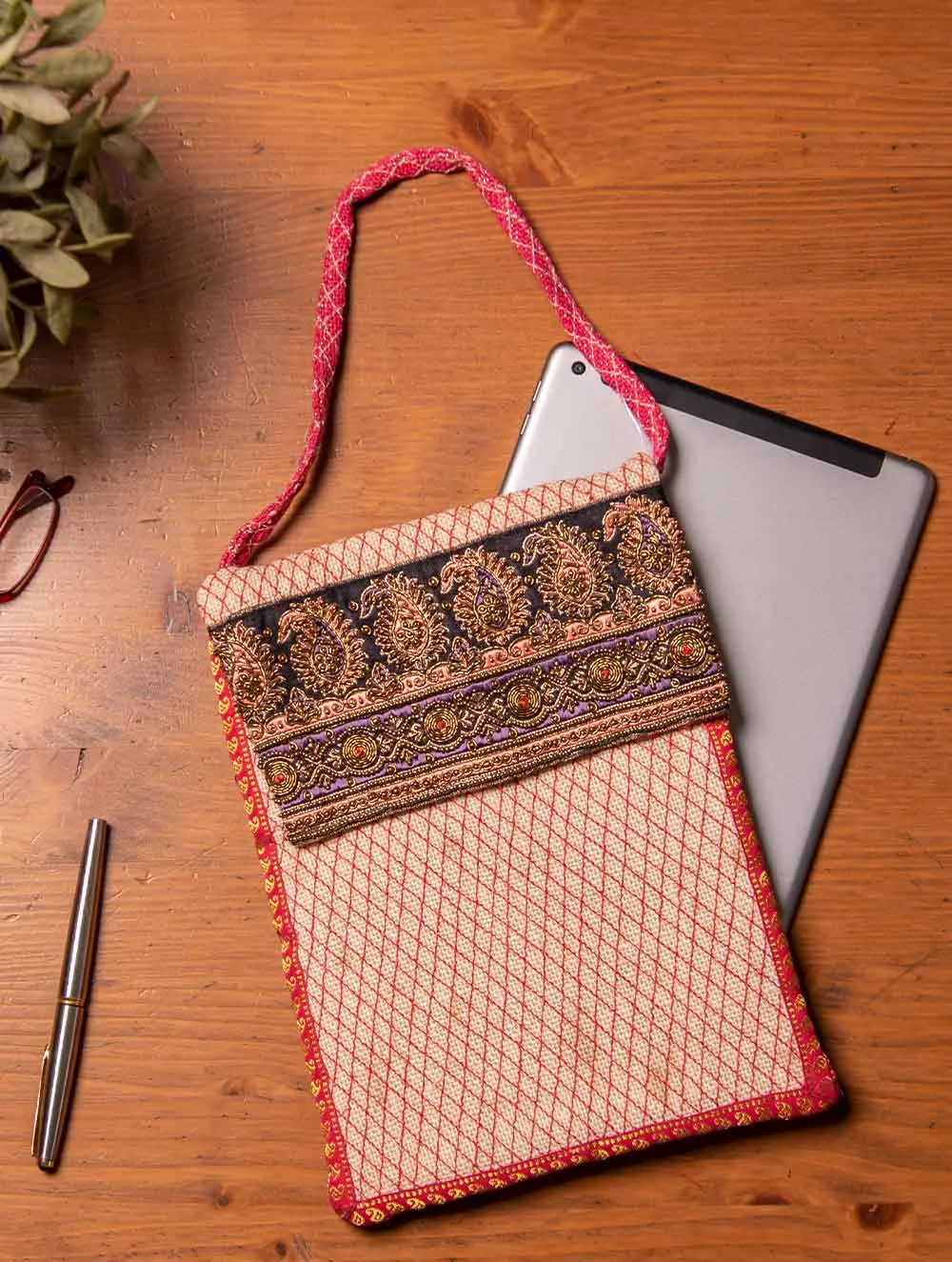 Jute Fabric iPad / Tablet Case With Zardozi / Dabka Embroidery & Handles - 11 x 8.5 inches