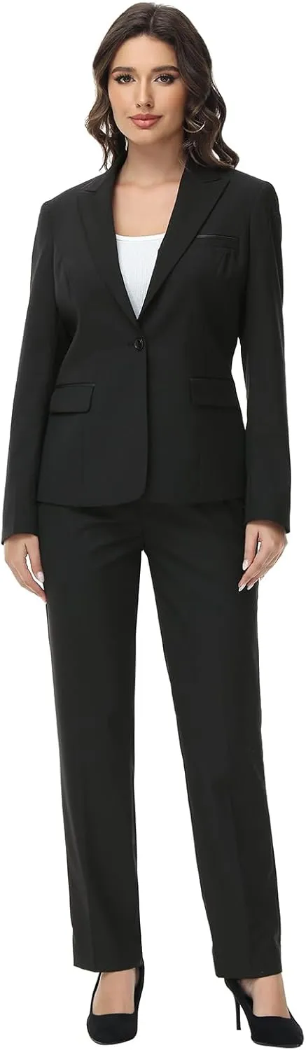 Lamgool Womens Suit 2 Piece Set Business One Button Peak Lapel Blazer Jacket with Pants for Office Ladies