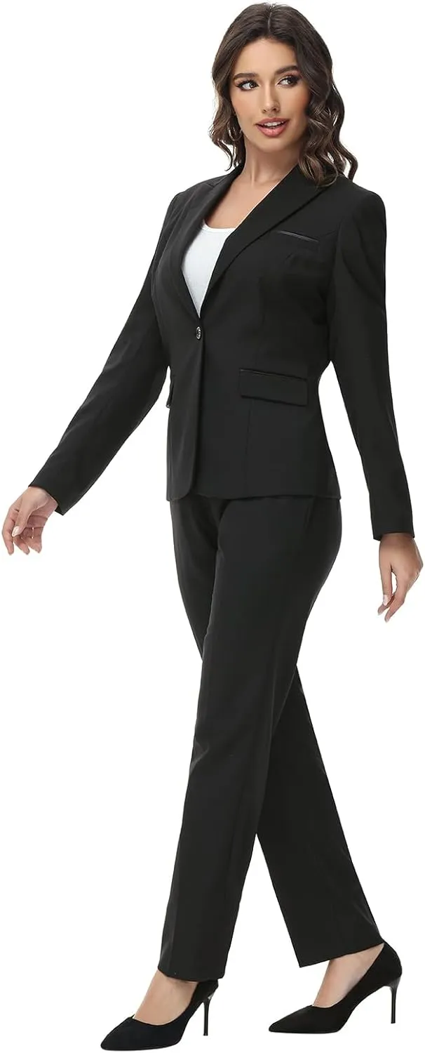Lamgool Womens Suit 2 Piece Set Business One Button Peak Lapel Blazer Jacket with Pants for Office Ladies