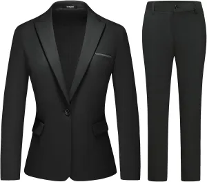Lamgool Womens Suit 2 Piece Set Business One Button Peak Lapel Blazer Jacket with Pants for Office Ladies