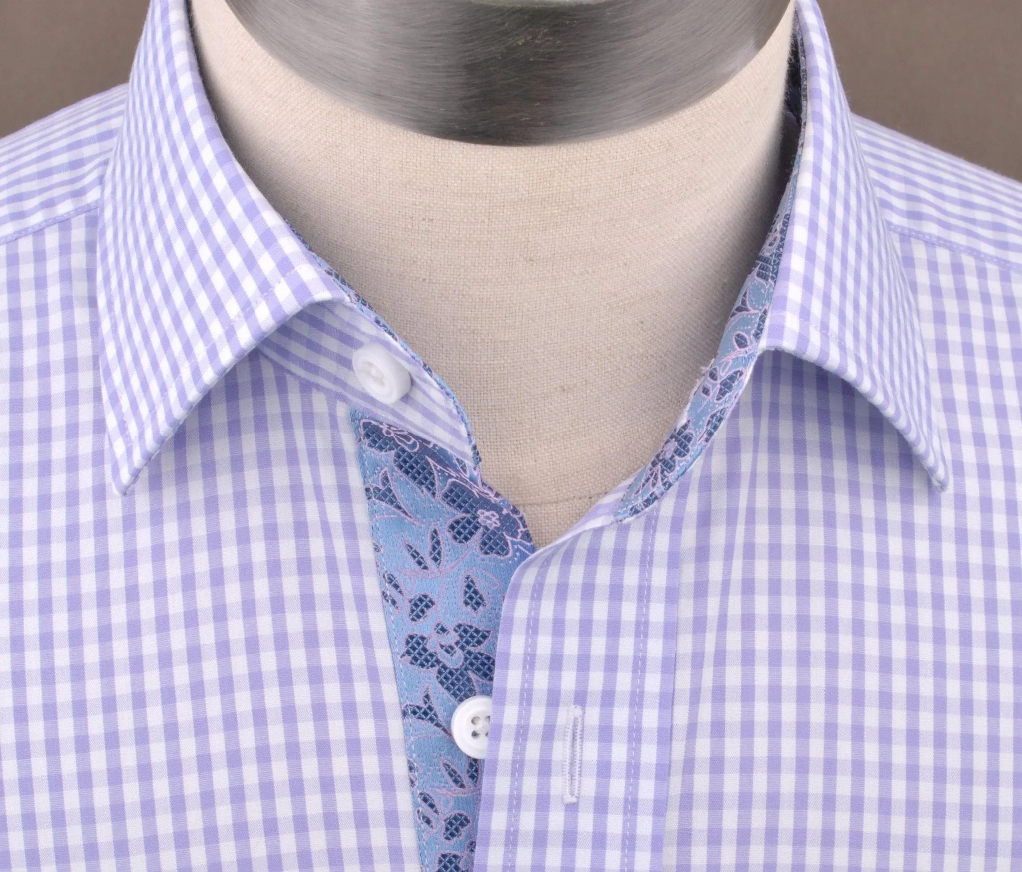 Lavender Soft Purple Gingham Checkered Formal Business Dress Shirt with Hawaiian Hibiscus