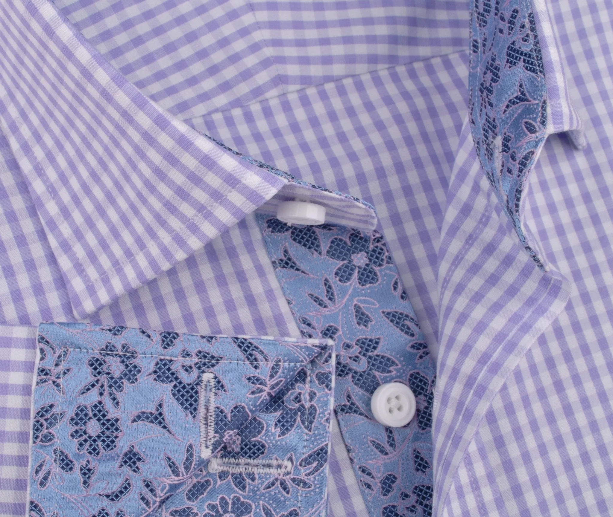 Lavender Soft Purple Gingham Checkered Formal Business Dress Shirt with Hawaiian Hibiscus